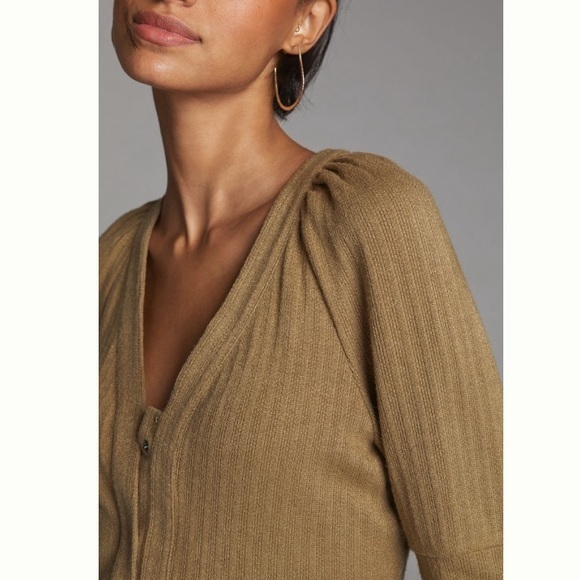Anthropologie NEW Puff Sleeve Neutral Olive Green Lightweight Cardigan Sweater - Picture 8 of 15
